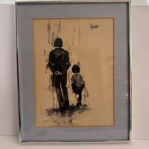 Aldo Luongo Framed Art Print 12x16 Black Beige Father and Child Sketch Vintage